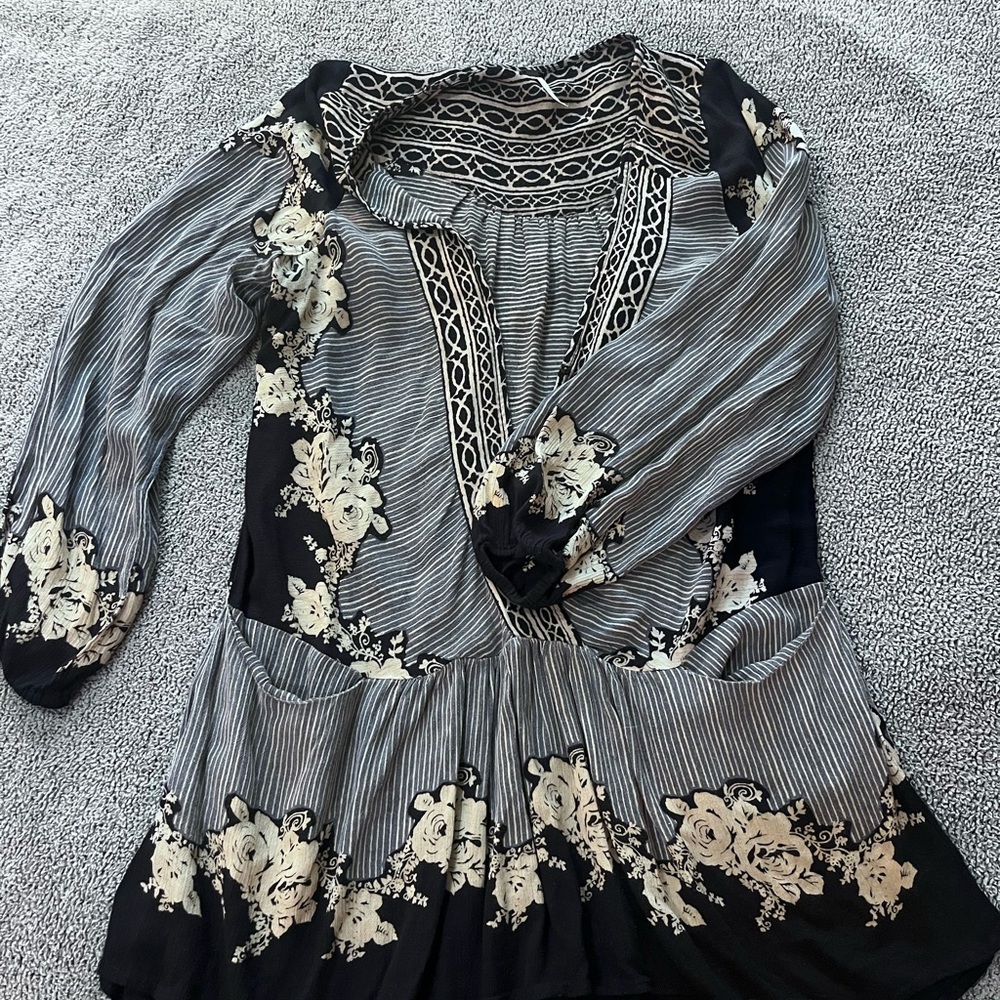 Free People Black and Cream Floral Blouse